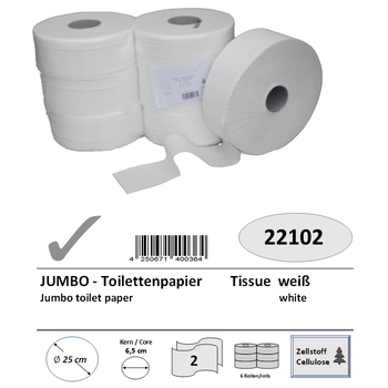 Jumbo-Toilettenpapier, 2-lagig, Zellstoff wei, MIDI, Dm:25 cm, 6 Rollen/Pack
