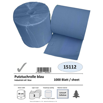 Putztuchrolle, 3-lagig, 36cm x 28cm x 1000 Blatt, blau,  1 Rolle/Pack
