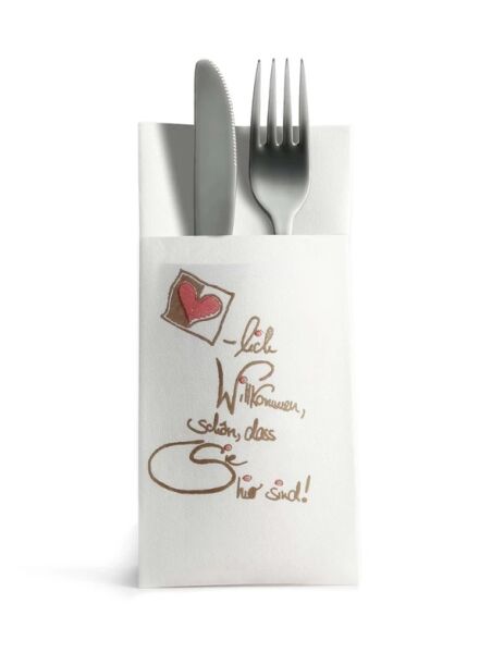 Besteckserviette  Airlaid, 40x40 cm, 1-lagig, 1/8 Falz, Herzlich Willkommen,  20x50 Stk./Karton