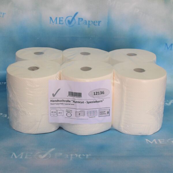 Handtuchrolle mit Spezialkern 40 mm, 2-lagig, 20 cm breit, 140 m, Zellstoff, 6 Rollen pro Pack