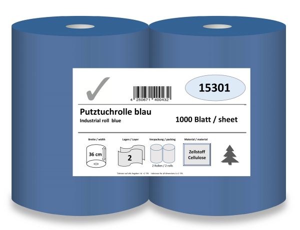 Putztuchrolle, 2-lagig, 36 cm x 1000 Blatt, blau, Zellstoff verklebt, 2 Rollen/Pack