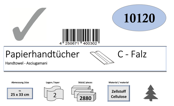 Papierhandtücher, 2-lagig, ca.25x33 cm, C-Falz,Zellstoff weiß   2880 Blatt/Karton