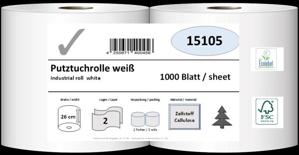 Putztuchrolle, 2-lagig, 26 cm x 1000 Blatt, weiß, Zellstoff verklebt, 2 Rollen/Pack