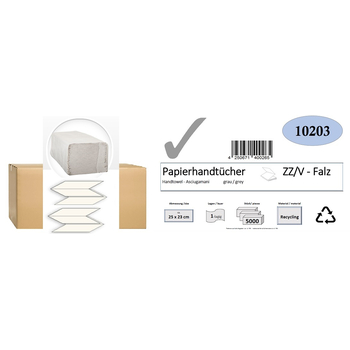 Papierhandtcher, 1-lagig, 25x23 cm, ZZ/V-Falz, hellgrau   5000 Blatt/Karton